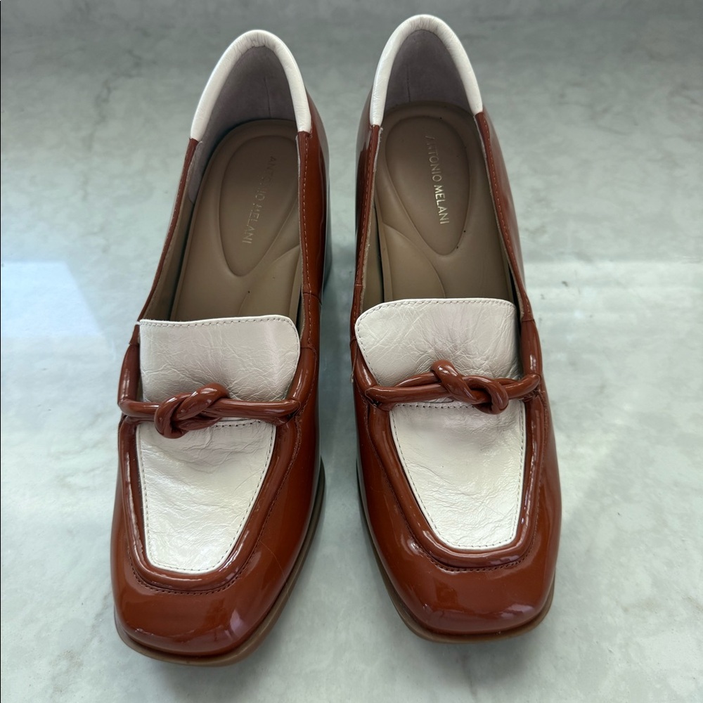 New Antonio Melani Square Toe Hale Patent Leather block heel loafer pump shoes.